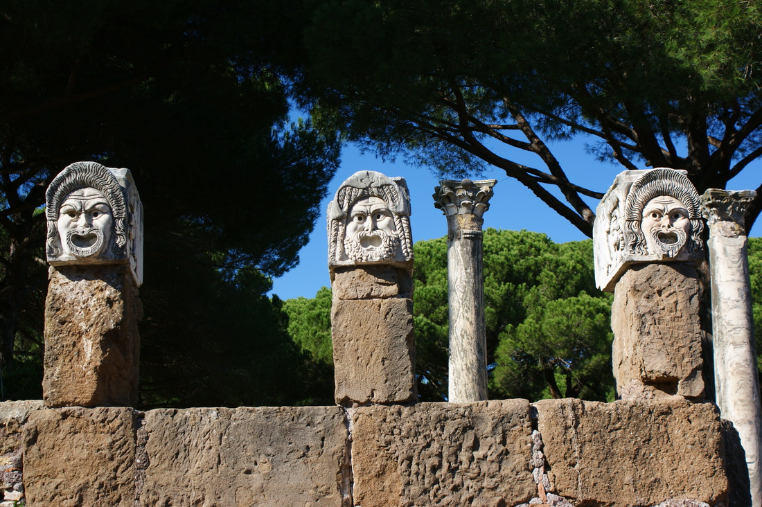 Carved heads in the Theatre of Ostia Antica, Italy